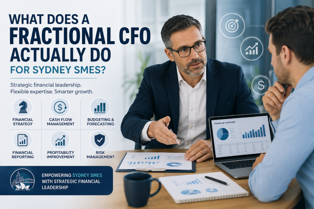 Fractional CFO discussing financial strategy with a business owner.