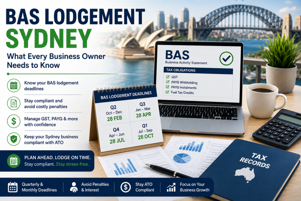 BAS lodgement Sydney guide showing Business Activity Statement deadlines, GST reporting, and ATO compliance for Australian businesses.